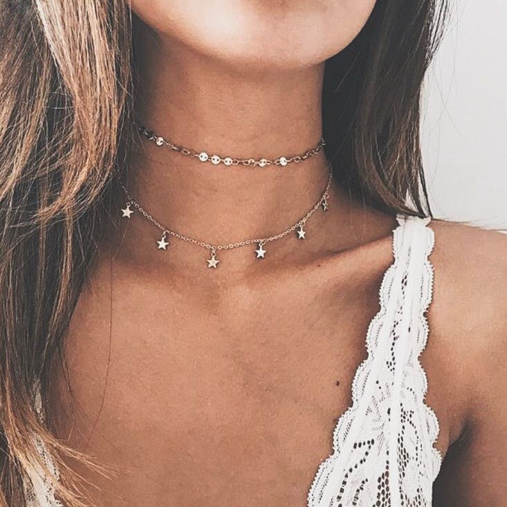 SILVER Layered Choker Dainty Pendant Necklace NEW